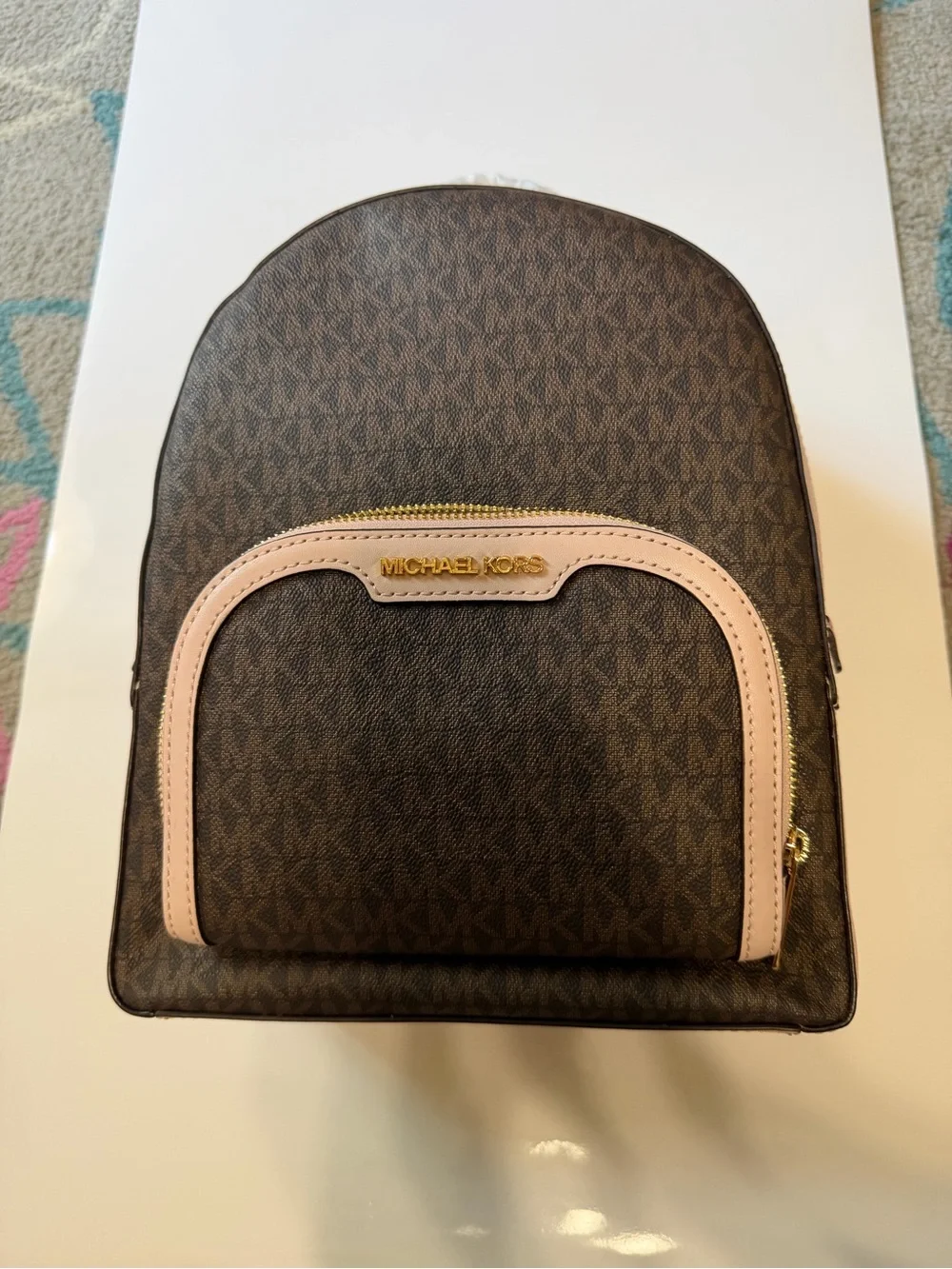 Michael Kors Brown Logo Backpack with Pink Trim